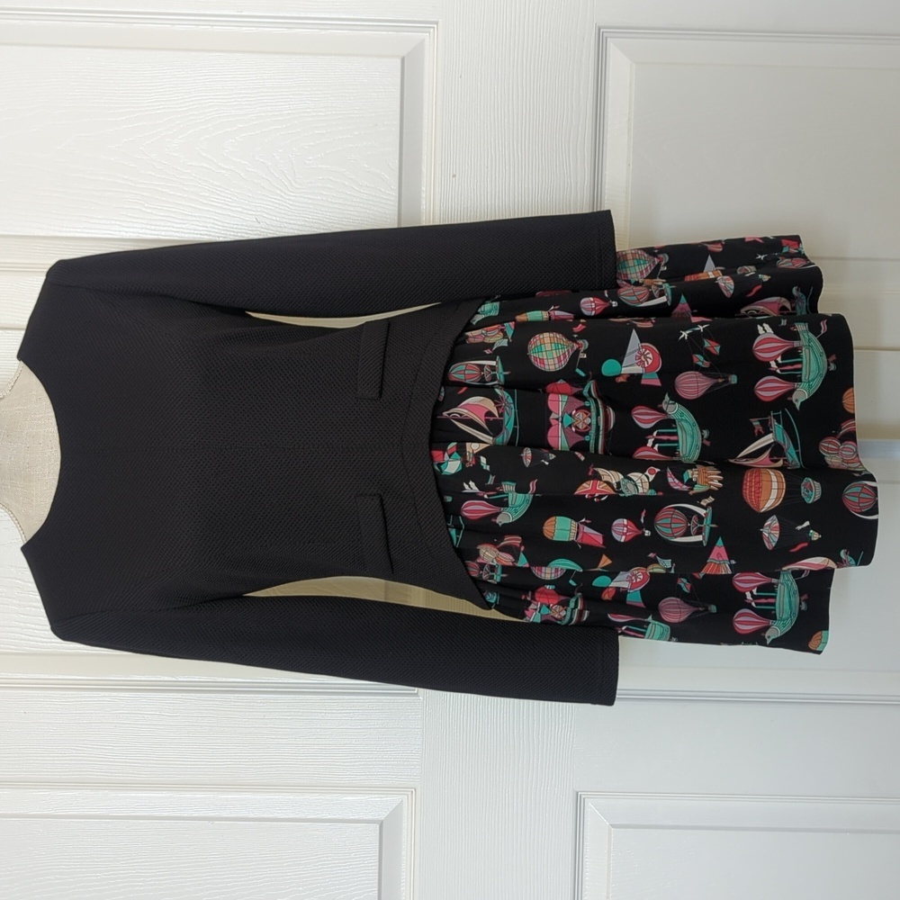 Veeko Black Long Sleeve Dress with Colorful Balloon Print Skirt